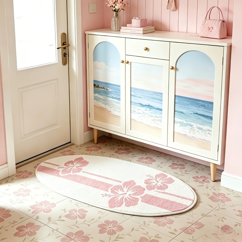 TEMU Faux Imitation Cashmere 900g+9mm Korean-style Ins-inspired Pink Floral Bedside Bay Window Rug, Bedroom Decor Vanity Rug, Surfboard-shaped Living