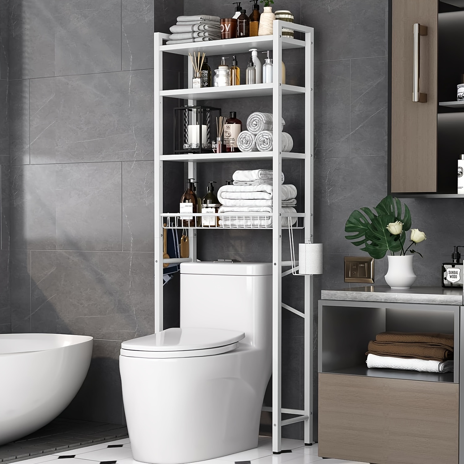 

1pc 4-tier Bathroom Storage Rack With Adjustable Shelves And Baskets, Freestanding Bathroom Organizer, Space-saving Bathroom Shelves, Home Bathroom Accessories