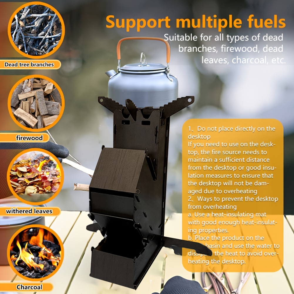 1pc portable rocket stove multi   camping stove for cooking backpacking hiking and emergency preparedness compact lightweight   windproof fuel   iron construction details 1