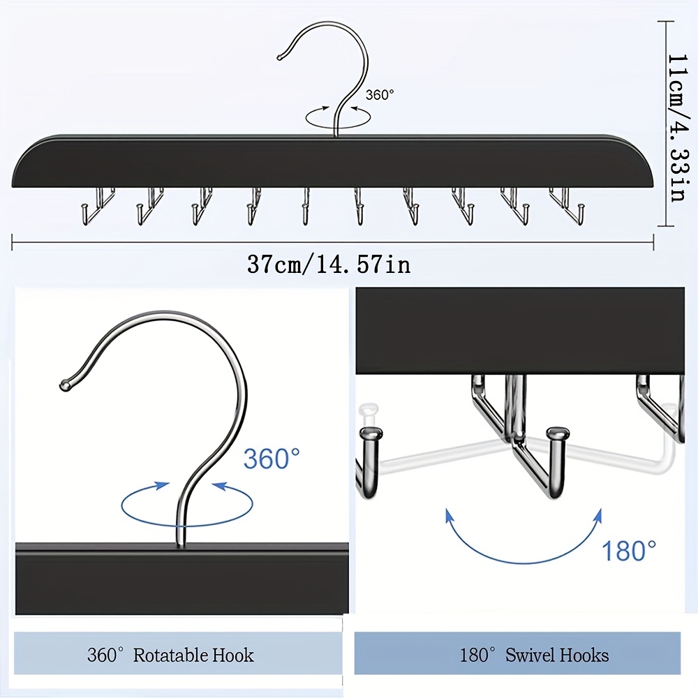 TEMU 1pc Black Wooden Hanger With 20 Non-slip Swivel Hooks – Space-saving Closet Organizer For Belts, Ties, And Accessories, Foldable Design Prevents