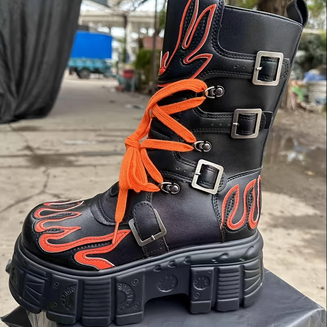 womens retro dark punk motorcycle boots fluorescent flame - Temu