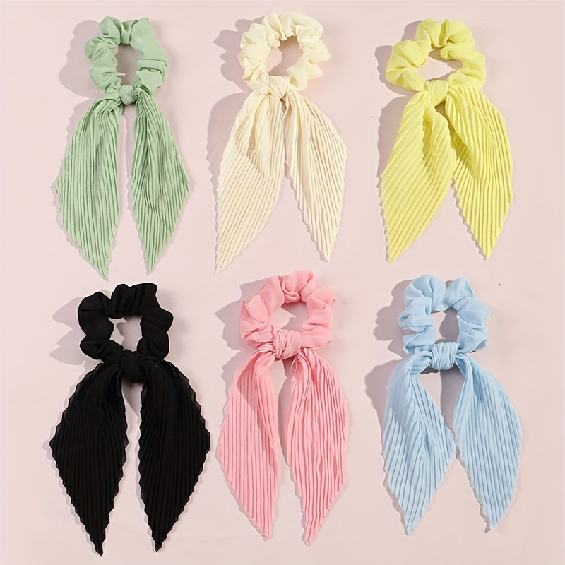 Image of 6pcs/set Candy-colored Bunny Ear Bow Ribbon Pleated Hair Ties, Large Hair Rings With Daisy Bows, Retro Cute And Sweet Fashion Headwear