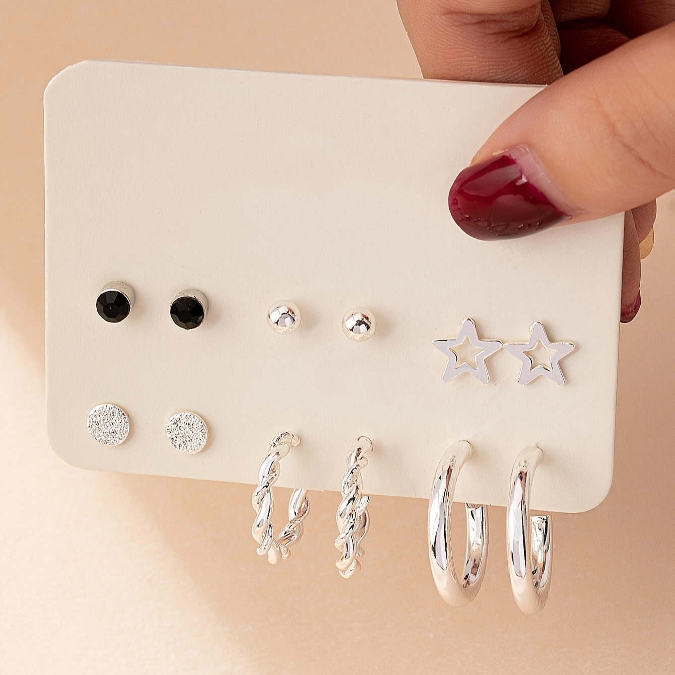 

6pairs Classic Simple Earrings Rhinestone Stud Earrings Silvery Hoop Earrings Iron Silver Plated Ear Jewelry For Women