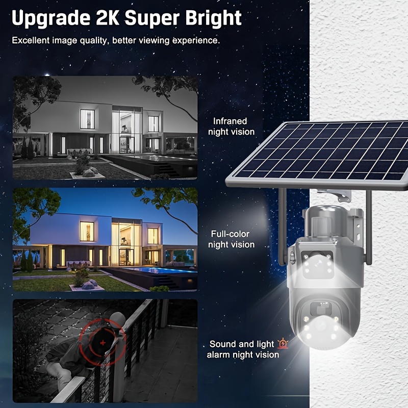 

2k Solar Outdoor Wireless Security Camera, 360 ° /tilt Wifi Outdoor Color Night Vision Security Camera, , Pir Alarm, Audio, 2.4g Wifi, Sd/gimbal Wireless Connection