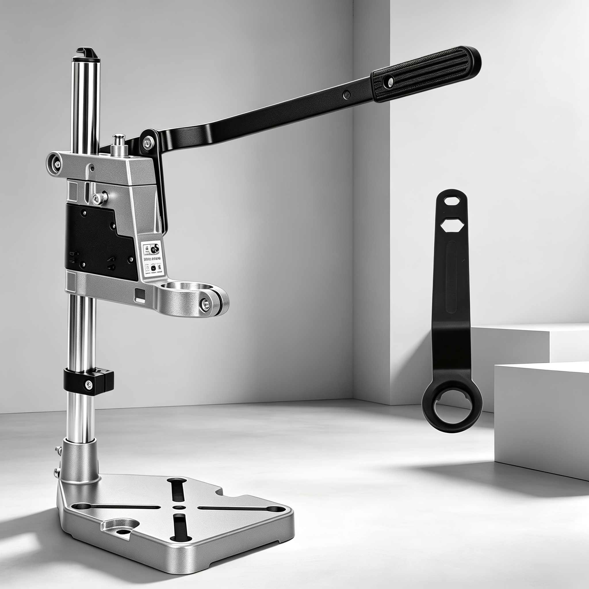 TEMU Hand Drill Stand With Matching Wrench Set, Featuring A Silvery-gray Metallic Body And A . Constructed With Thickened Aluminum Alloy Steel, It