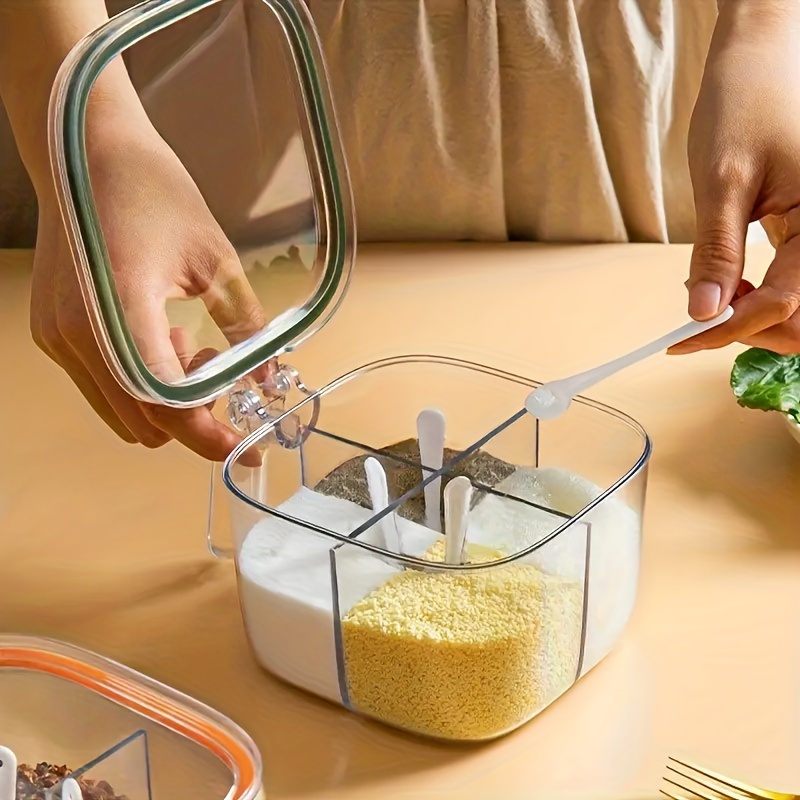 1pc 4 tier clear plastic spice storage box with lid heavy duty modern kitchen organizer with labeled compartments spill proof lid for salt pepper sugar vanilla flour baking powder space saving countertop or pantry organizer durable easy   kitchen spice containers spice jars organizers and storage spice jars with labels spice bottle Product details 0