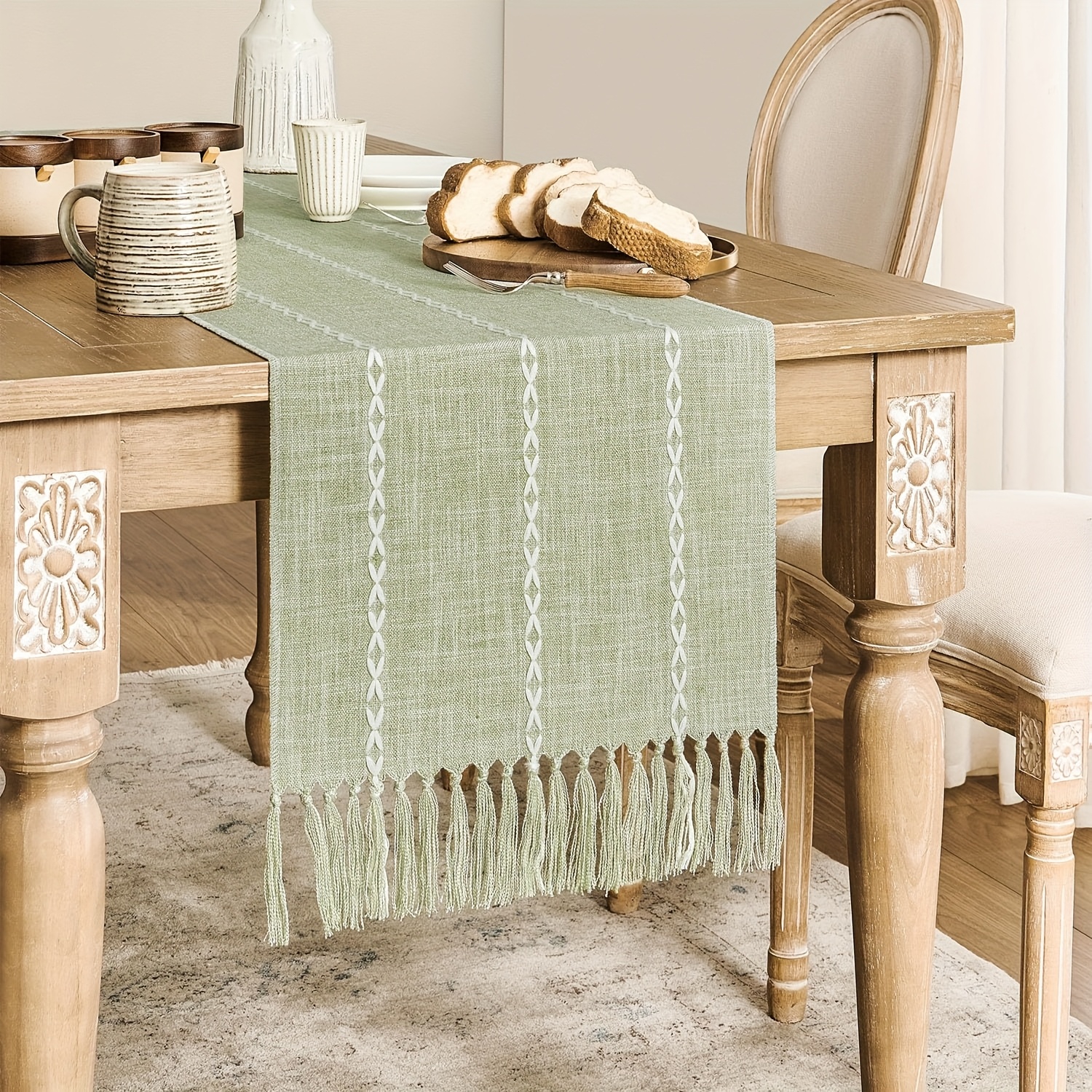 Image of 2pcs Farmhouse Table Runner Set, Sage Green 33.08 X 182.88 Cm, Table Runner 182.88 Cm, Embroidered Striped Gray-green Bohemian Table Runner, Country Home Decor