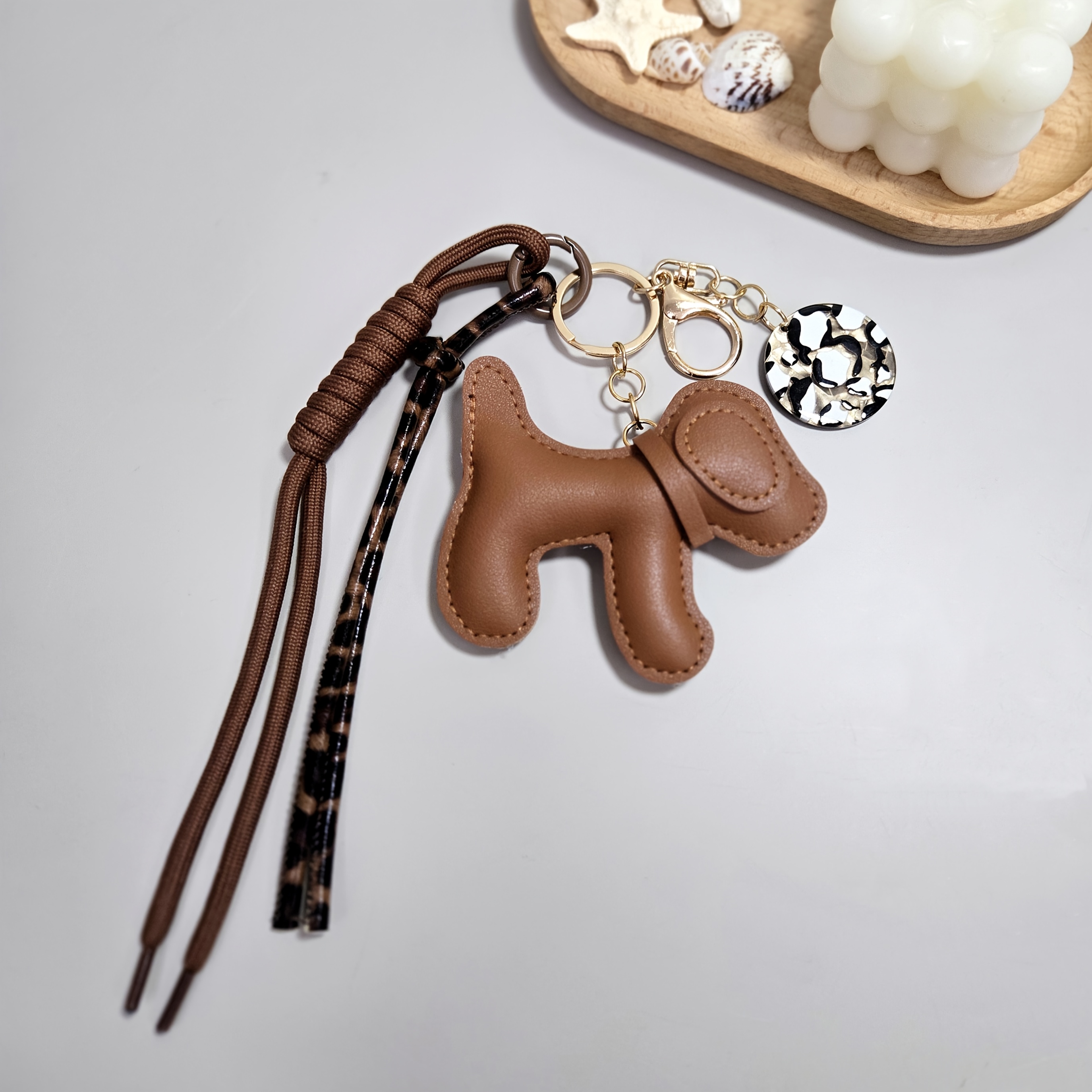 Image of Pu Leather Dog Keychain With Resin Flower Leopard Print Charm- Cute Animal Purse Accessories For Women, Kawaii Dog For Gifts