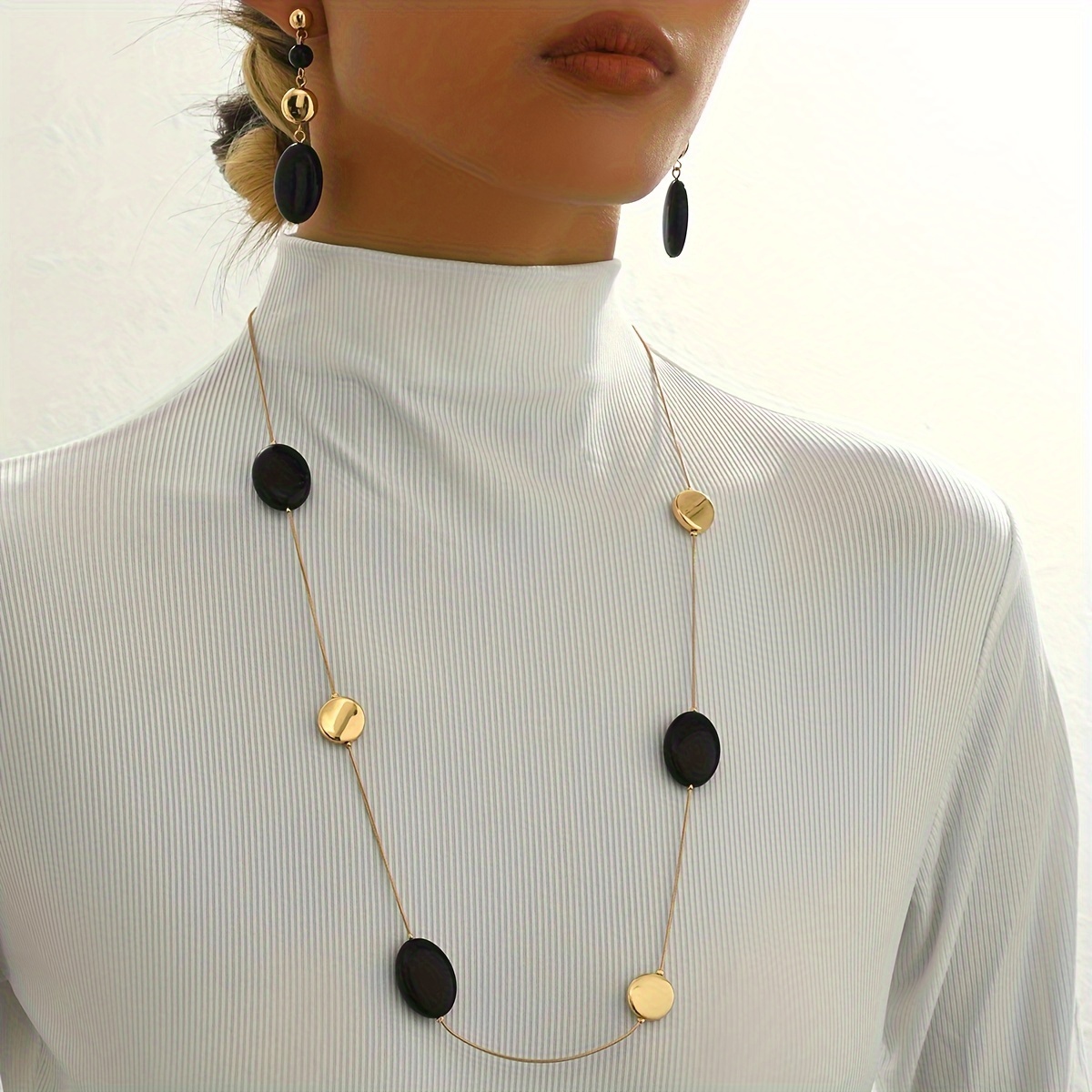 3pcs New Necklace Earring Set Autumn Winter Retro Elegant Acrylic Oval Bead Multicolor Long Sweater Chain Ear Drop Light Luxury Set
