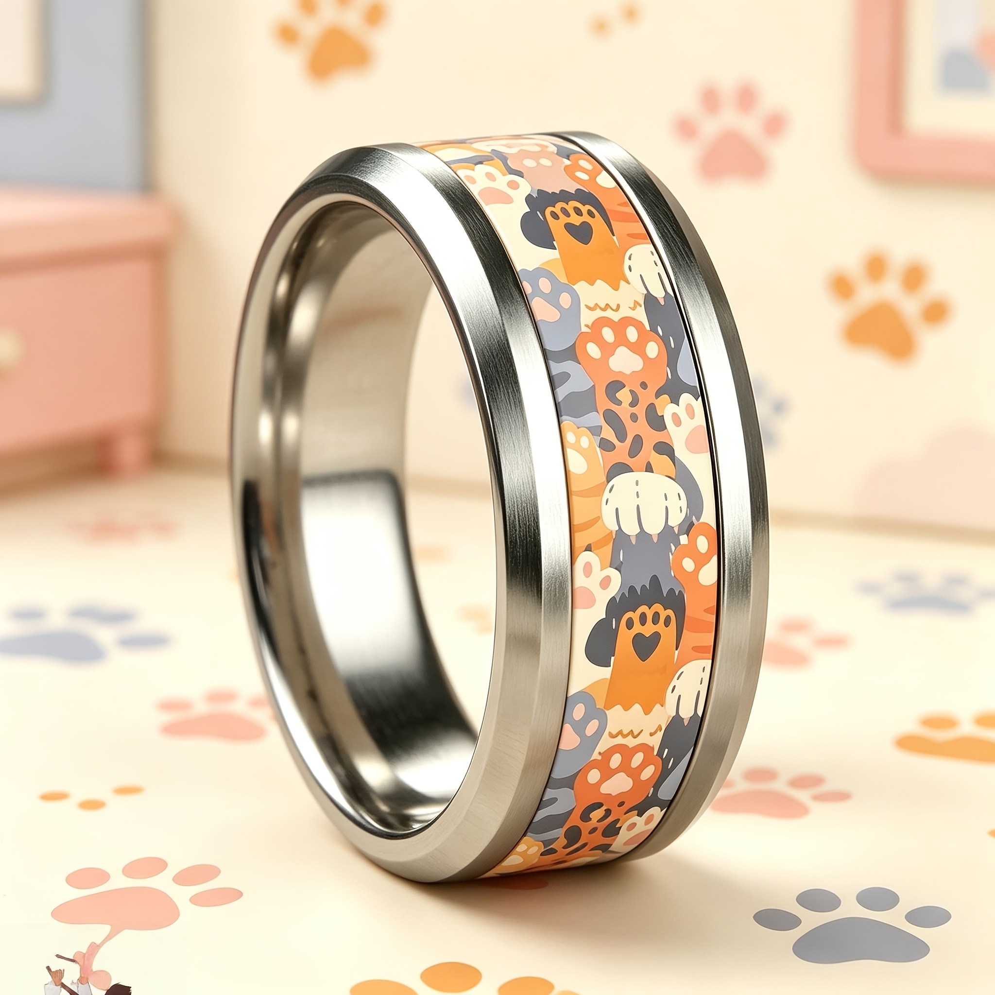 Adorable Soft-toned Colorful Cat Paw Print Ring, Stainless Steel