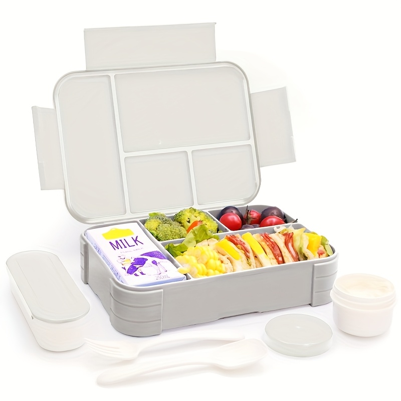 Bento Box Adult Lunch Box, Containers For Adults Men Women With 4 Compartments, Lunchable Food Container With Utensils, Sauce Jar, Microwave & Dishwasher Safe, Brown