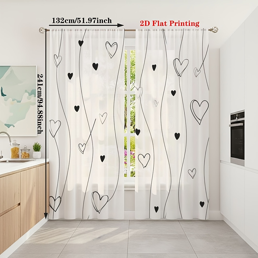 TEMU 2d Flat - 2d Flat - 2 Pieces Of 132x241cm 2d Printed Romantic Sheer Curtains, Featuring Black And White Heart Shapes And Patterns, Perfect For A