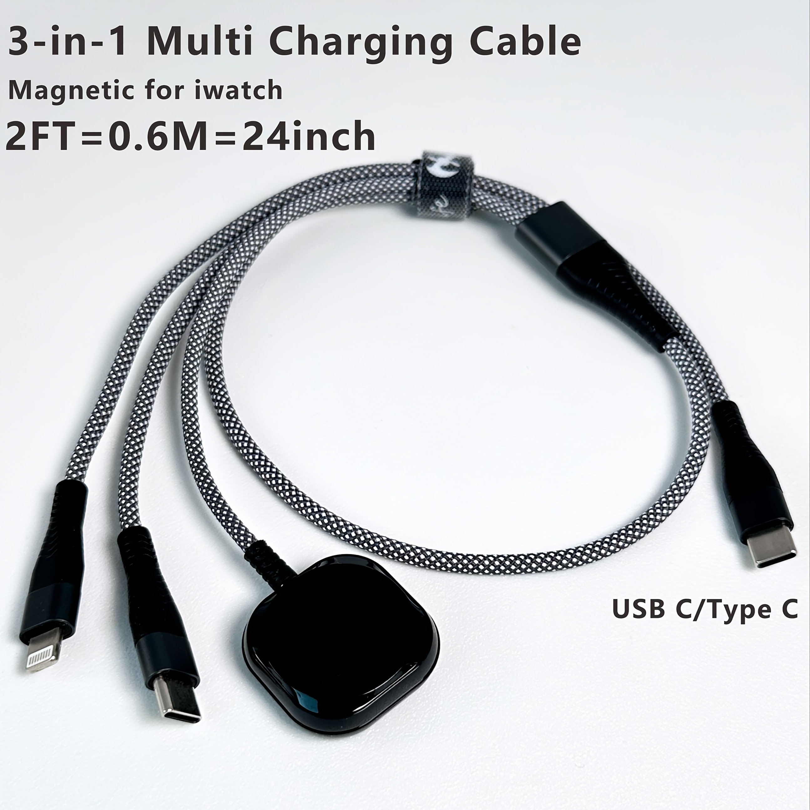 TEMU 0.6m Black Grey Travel 3 In 1 Charging Cable For Magnetic Multi Charging Cable, Newest [usb C Port] Nylon Braided Lightning Type-c And Iwatch