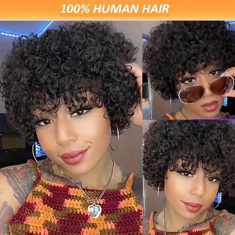 Chic Curly Pixie Cut Wig with Bangs - 180% Density 100% Human Hair, Glueless Design, Loose Curl Short Wig for Women, Rose Net Cap, Natural Look, Perfect for Everyday Style