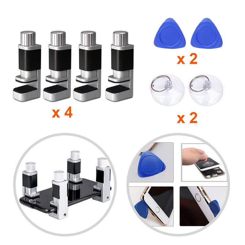 Image of A Set Of Mobile Phone Screen Repair Tools Including 4 Metal Fixing Devices, 2 Plastic Sheets, And 2 Suction Cups, Suitable For Disassembling And Fixing Screens Of Mobile Phone And Tablet Devices