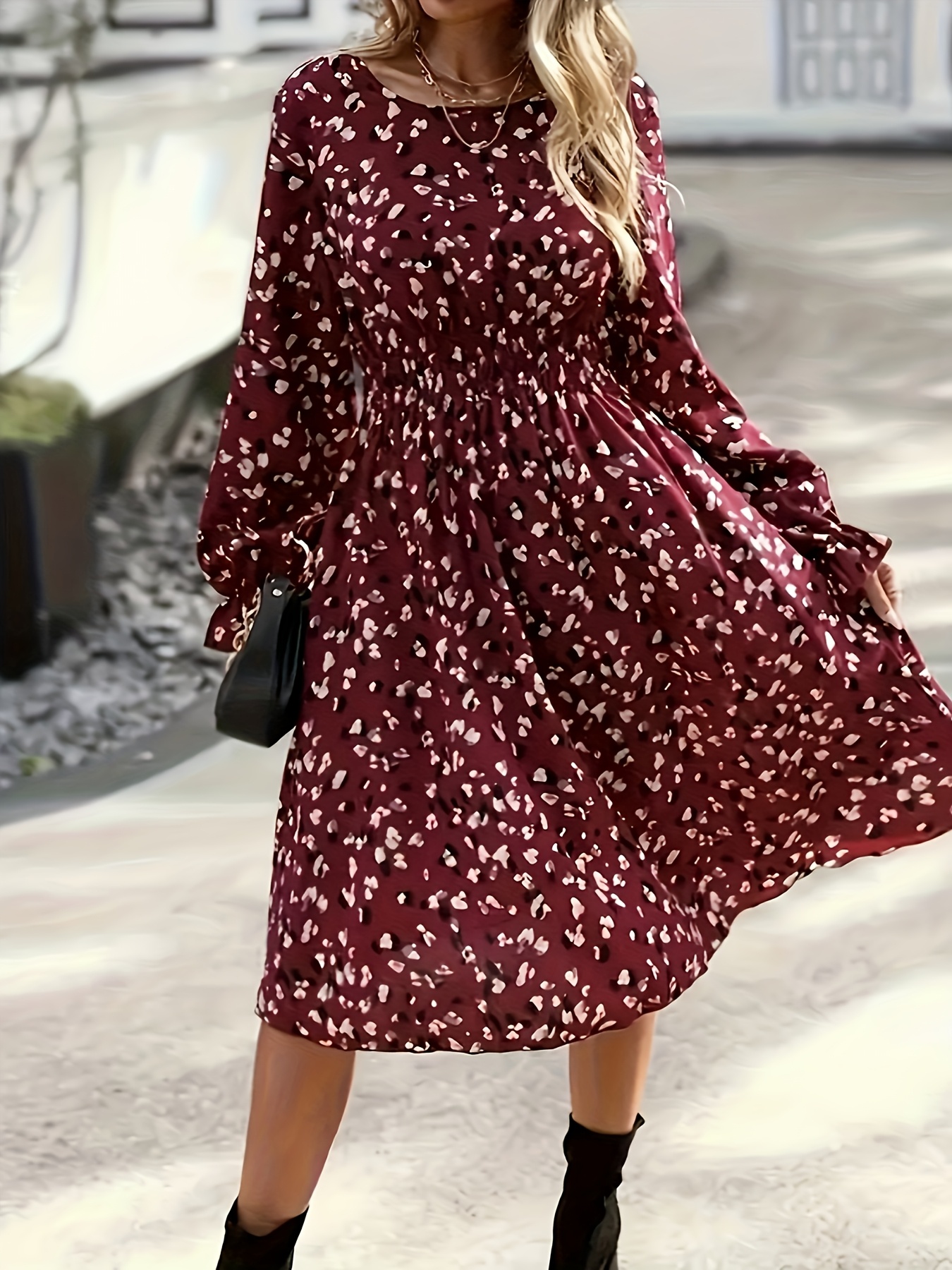Plus Size Women's Floral Print Long Sleeve Dress Burgundy White Floral  Pattern, Puff Sleeve Detail, Machine Washable Round Neck Casual to Semi-For