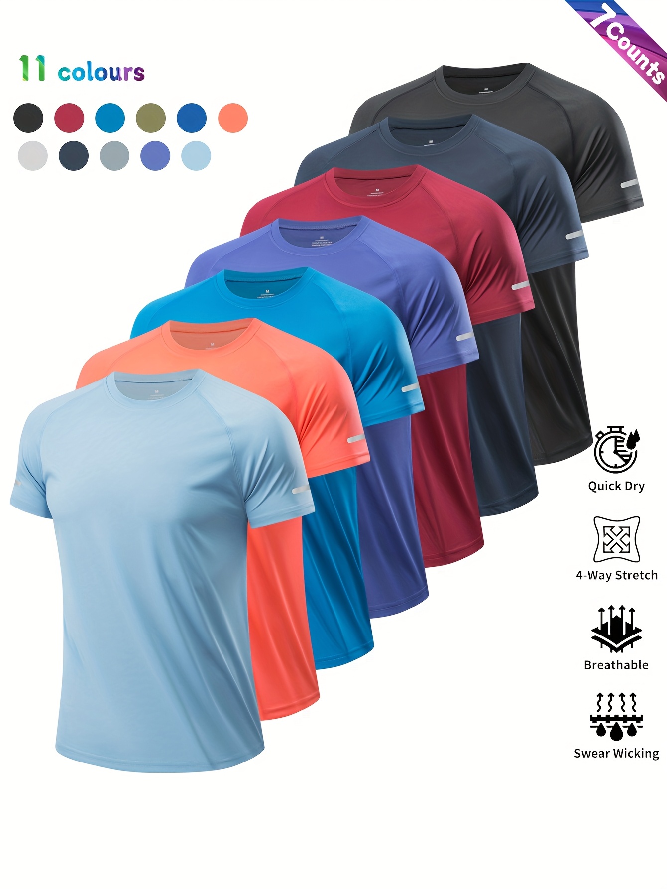 7pcs mens summer casual t shirts breathable polyester quick dry moisture wicking reflective shoulder design for gym cycling running fishing outdoor activities gym shirts knit