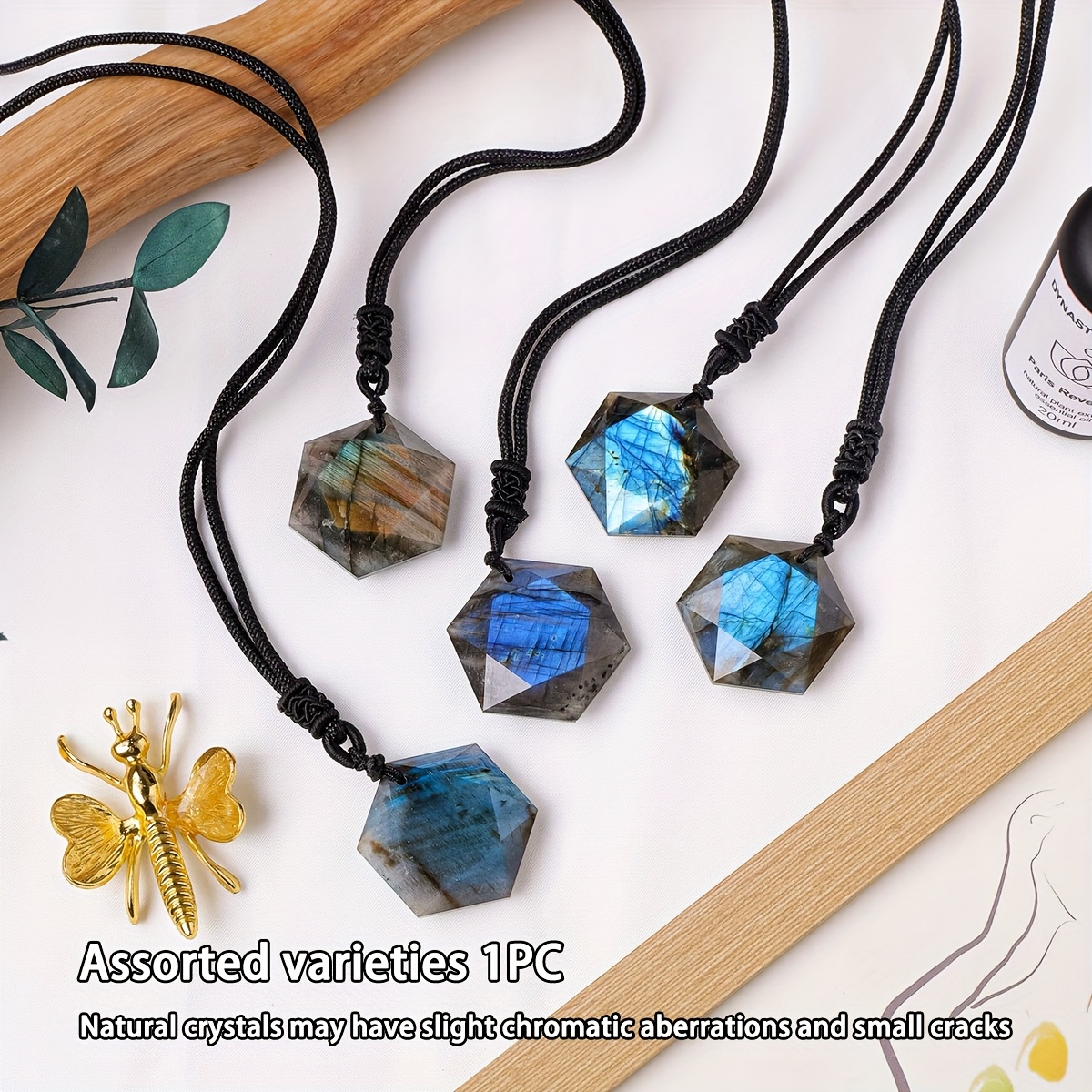 TEMU 1pc Random Colour Natural Crystal Pendant Labradorite Glowing Necklace Easy Elegant Neutral Pendant Necklace Versatile Decoration Beautiful