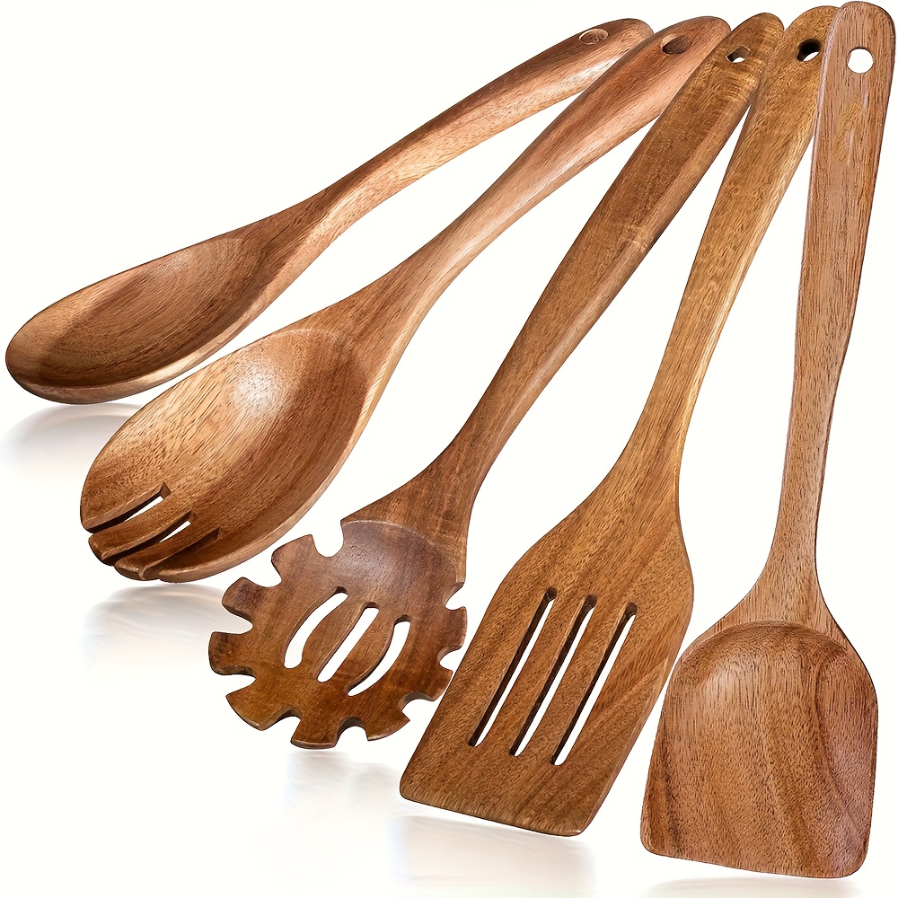 TEMU 2pcs/5pcs Wooden Spoon Set, Odorless High-temperature Resistant Kitchen Utensils, Ideal For Home, Hotel, And Restaurant Use