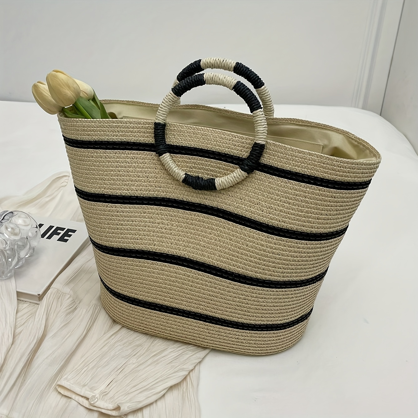 women's large capacity round straw tote bag white black Temu Italy