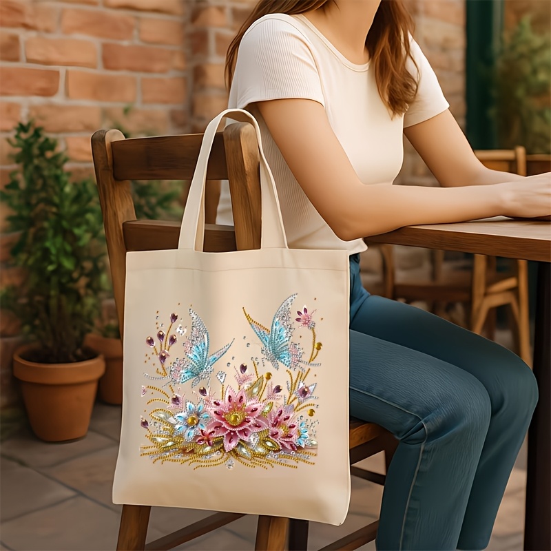 TEMU 1 Set Diamond Painting Tote Bag With Design, Large 31.5cm X 36.58cm Reusable Canvas Shopping Bag, Irregular Diamonds & Cardboard Backing, For