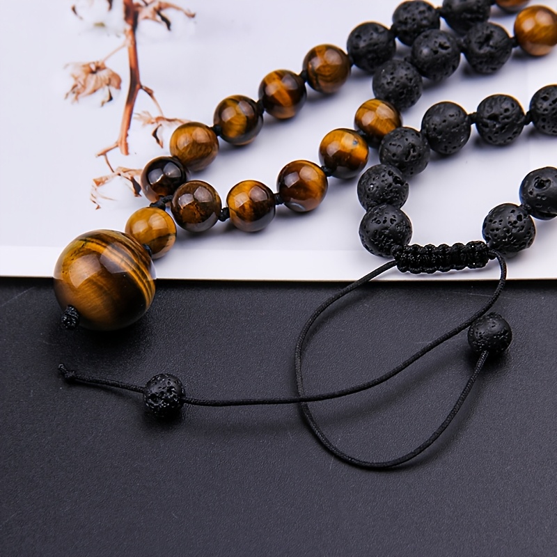 Chic 8mm Tiger Eye & Lava Stone Beaded Necklace with Pendant