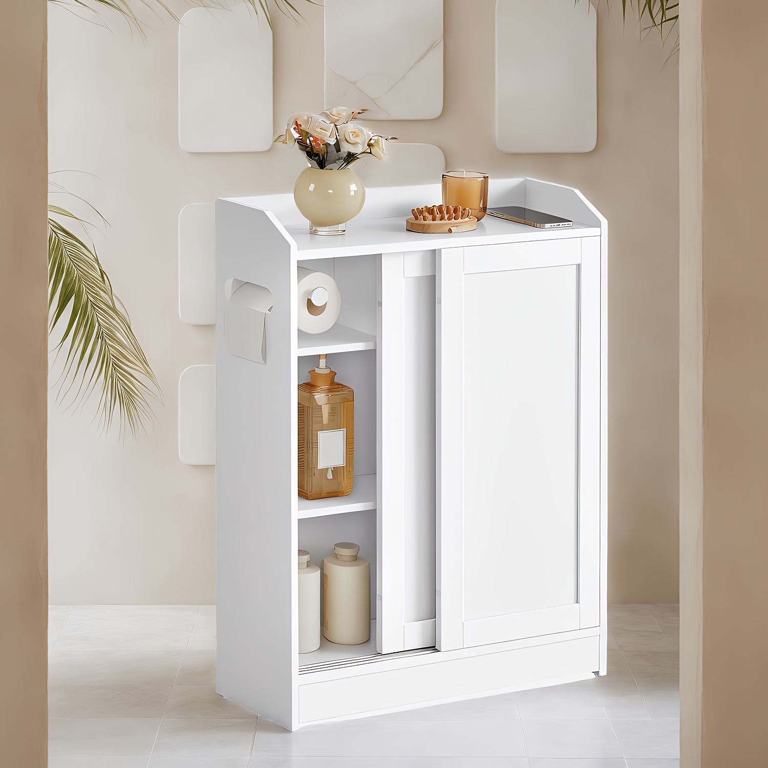 E-shop Badezimmerschrank, platzsparender Badezimmerschrank, Toilettenpapierhalter, Toilettenbürstenhalter, Schiebetüren, verstellbare Regale, der
