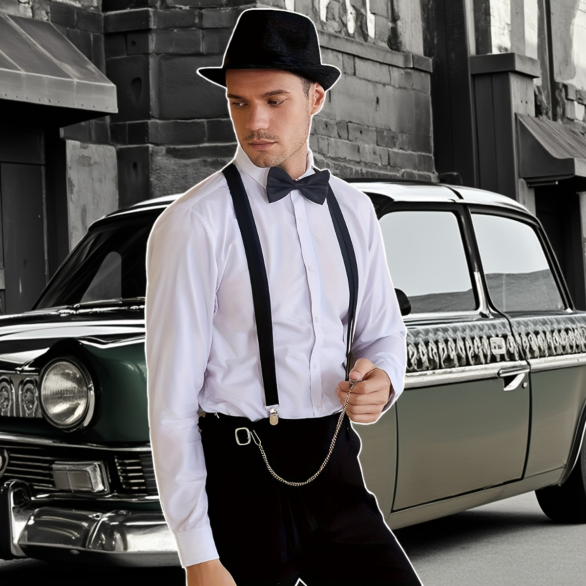 3pcs 1920s style mens accessories set black hat bow tie Temu