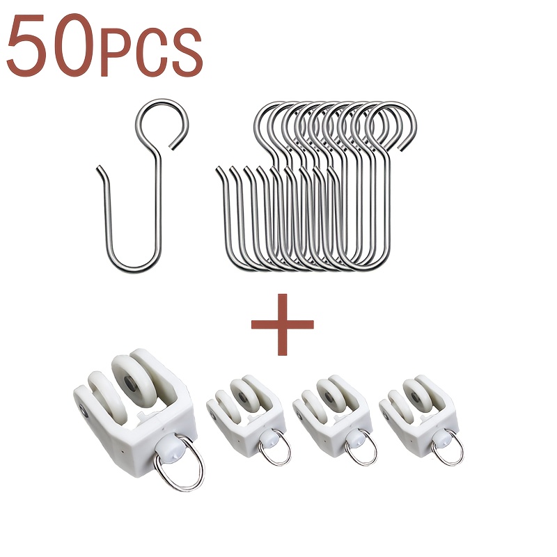 Image of 50pcs Set, Including 25 Shower Curtain Track Hooks And 25 Curtain Track Silent Sliding Rail Rollers, On Straight Or Curved Tracks, A Must-have For Home Use