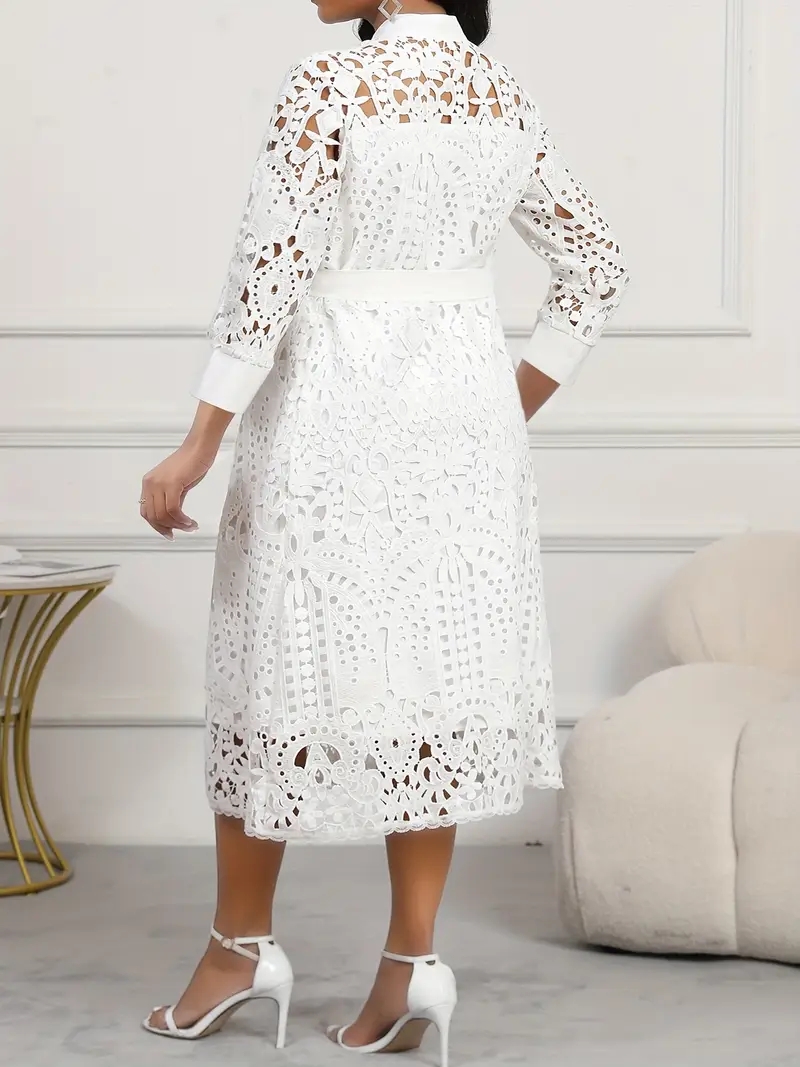white midi dresses with 3 4 length sleeves Defined Waist Lace Dress 3/4 Sleeve Square Neck Midi Dress
