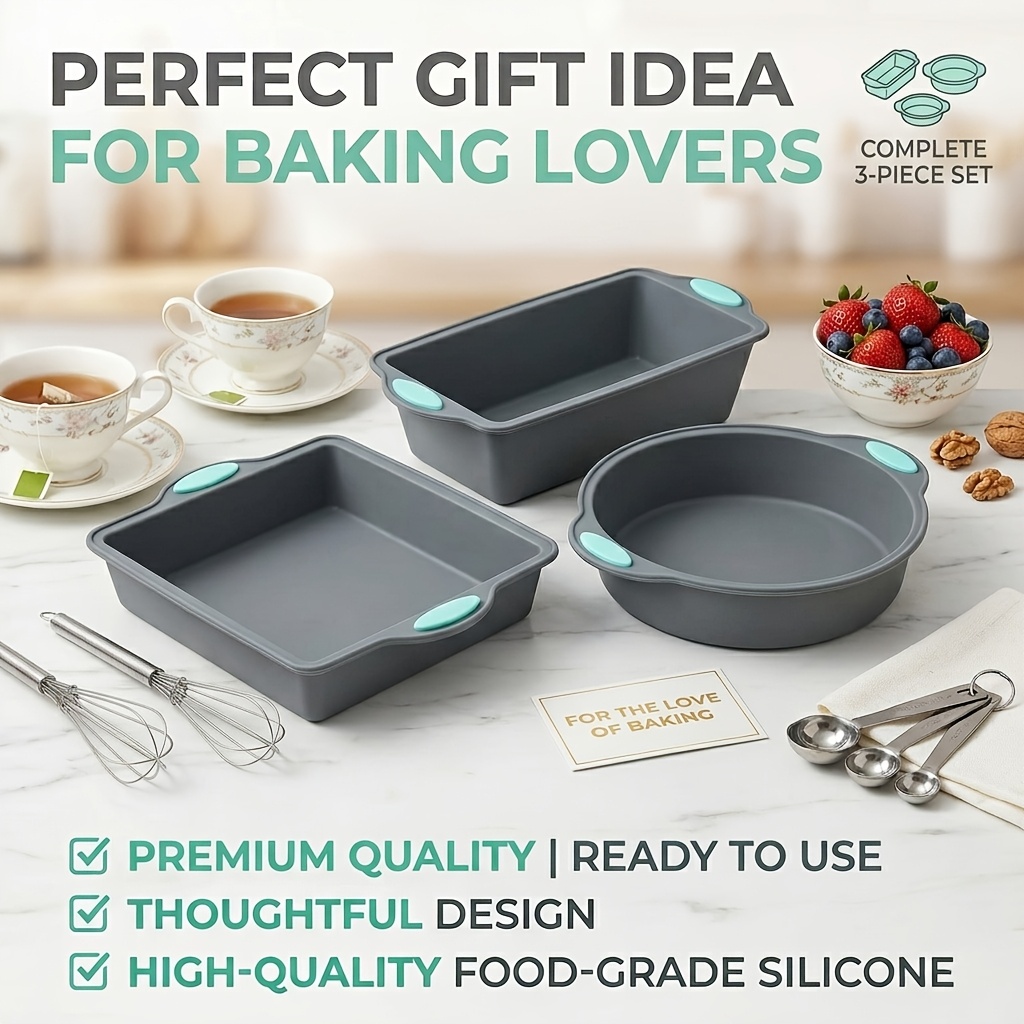 3pcs Silicone Bakeware Set - Cake Pan Set Includes Round, Square And Rectangular Bread Molds - Professional Food-grade Baking Molds For And Dishwasher Safe, Ideal For Holiday Baking And Gifts