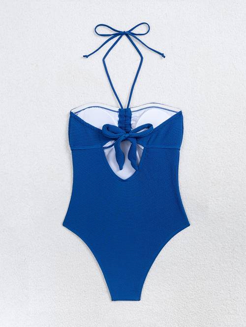 maillot de bain tendance pour femme 1 pièce, tissu froissé spécial, style noué la nuque, design froncé avec central à lavant + bonnets amovibles et matelassés