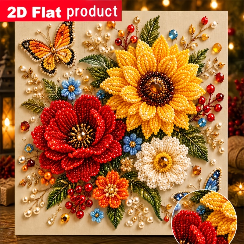TEMU New Colored Pearl Diamond Painting Kit, Handmade Bead Flower Decorative Painting, Exquisite Bead Stringing Love Flower Retro Style Art Craft,