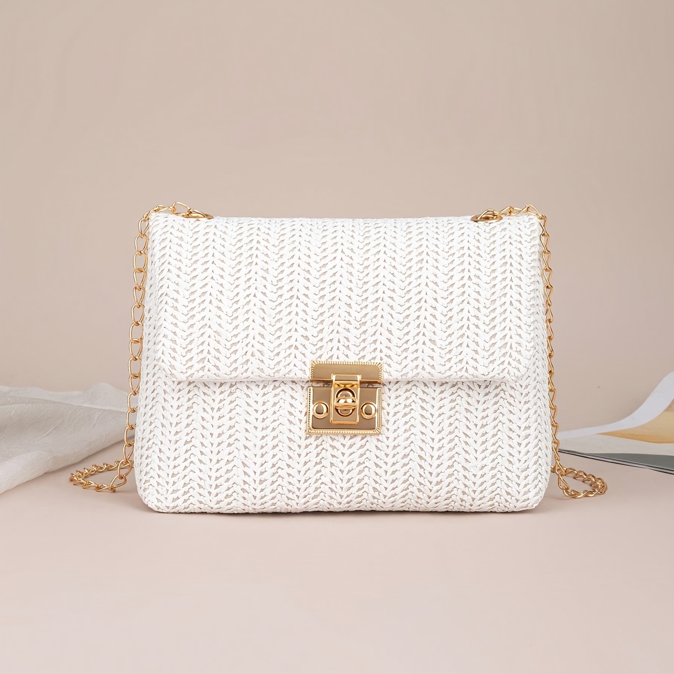 Woven Chain Small Square Bag, Summer Beach Vacation Straw Bag, Women's Versatile Single-shoulder Crossbody Bag With Lock Clasp