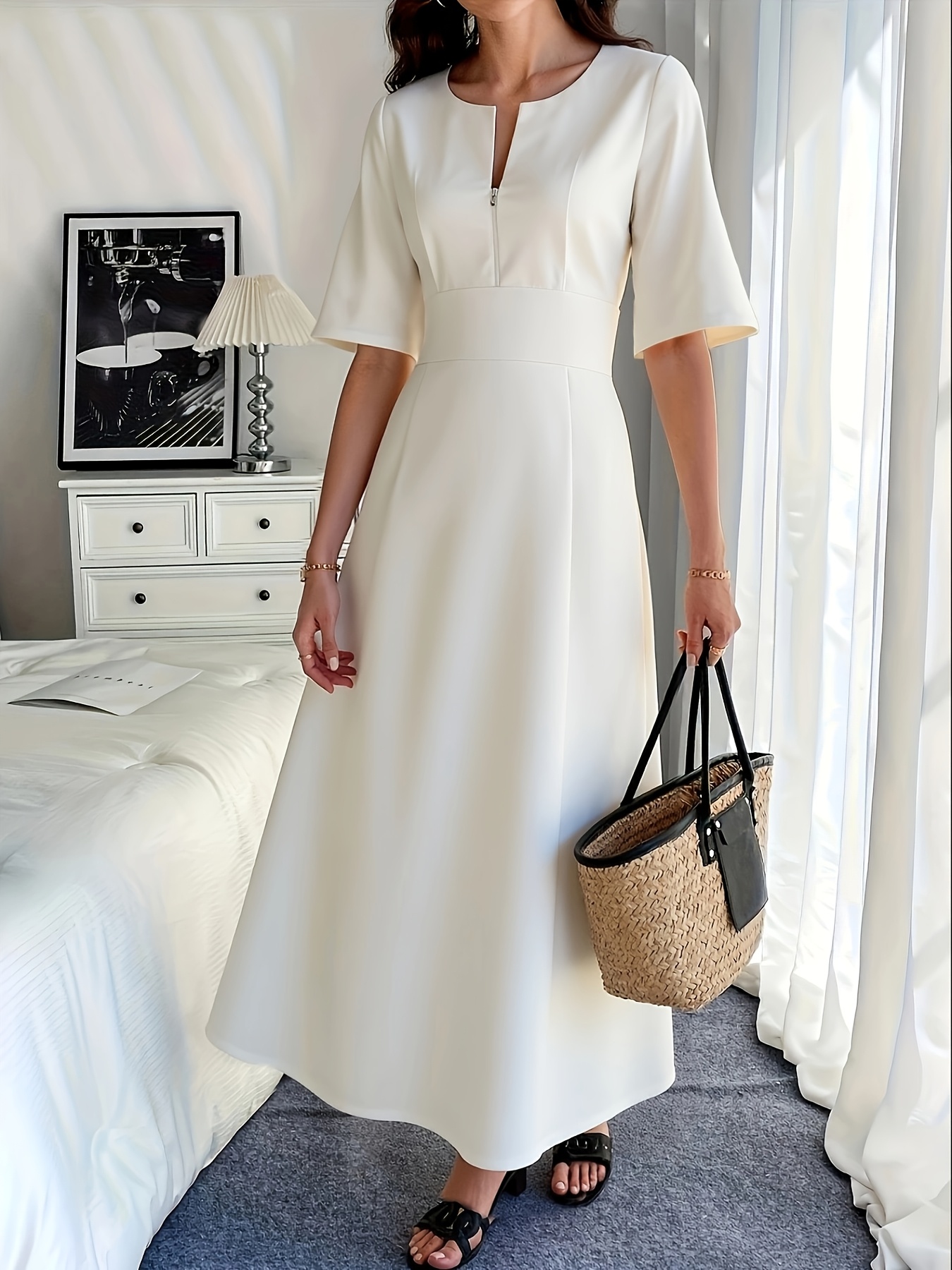 navy blue dress for baby girl White Long Dress with Puff Sleeve and Flared Skirt Engagement A Line Midi Dress main image 1