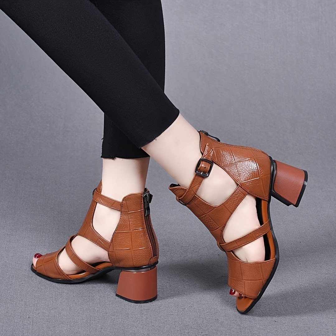 

Women's Solid Color Chunky Heel Sandals, Fashion Open Toe Dress Pumps, Stylish Cutout Design Back Zipper Heels