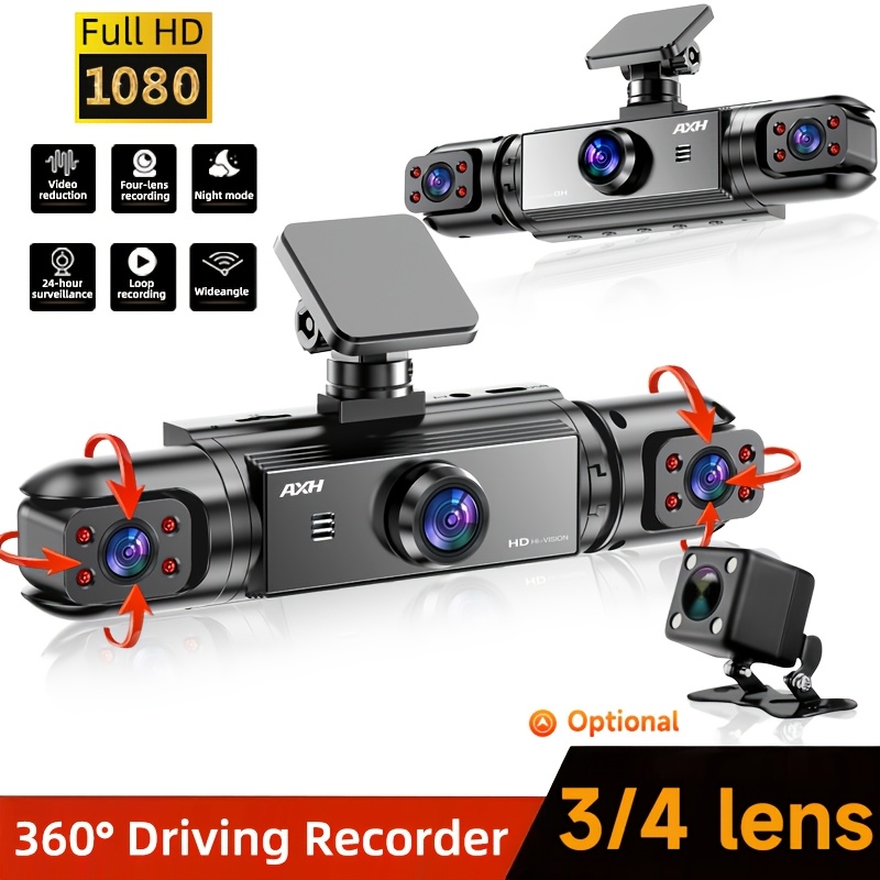 AXH 360° Panoramic 3/4 Lens 1080P HD Dash Cam Set with Quad-Split Screen, Night Vision, G-Sensor, Loop Recording, Includes 32GB or 64GB Memo