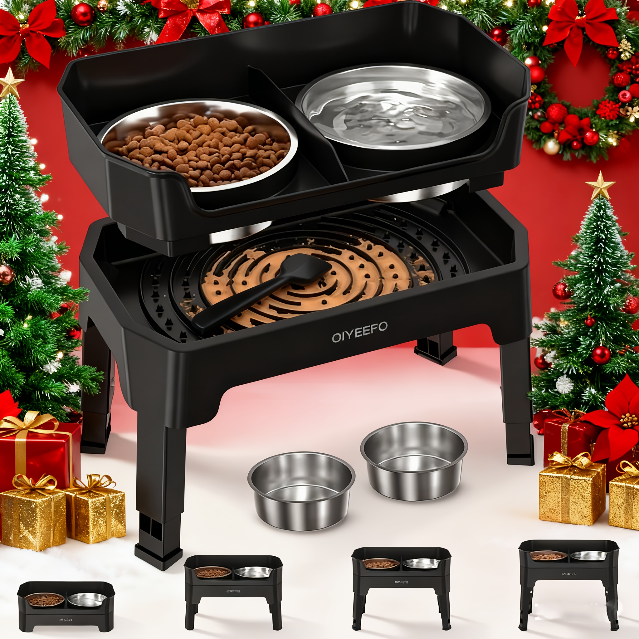 TEMU 3/4 In 1 Large Elevated Dog Bowls: 4 Adjustable Height Raised Dog Bowl Stand With Design - Slow Feeder Licking Plate With 2*53oz Food Bowls