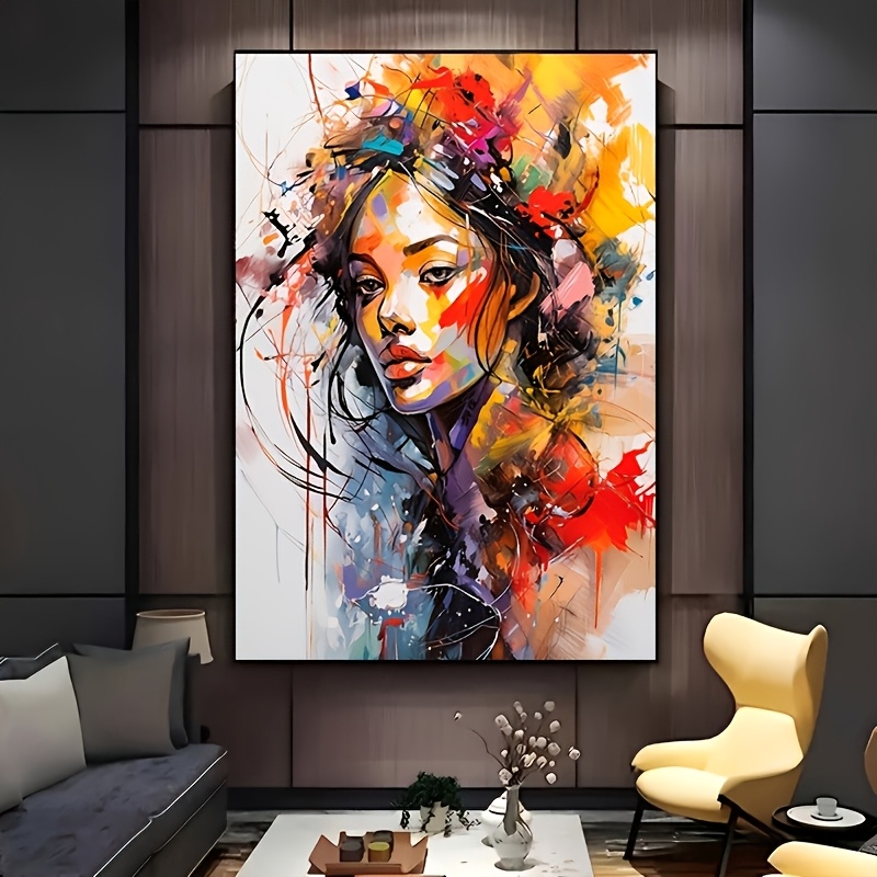 TEMU 1pc Modern Abstract Canvas Art Print - Vibrant Colorful Female Portrait Wall Decor, Large Frameless Vertical Artwork For Living Room, Bedroom,