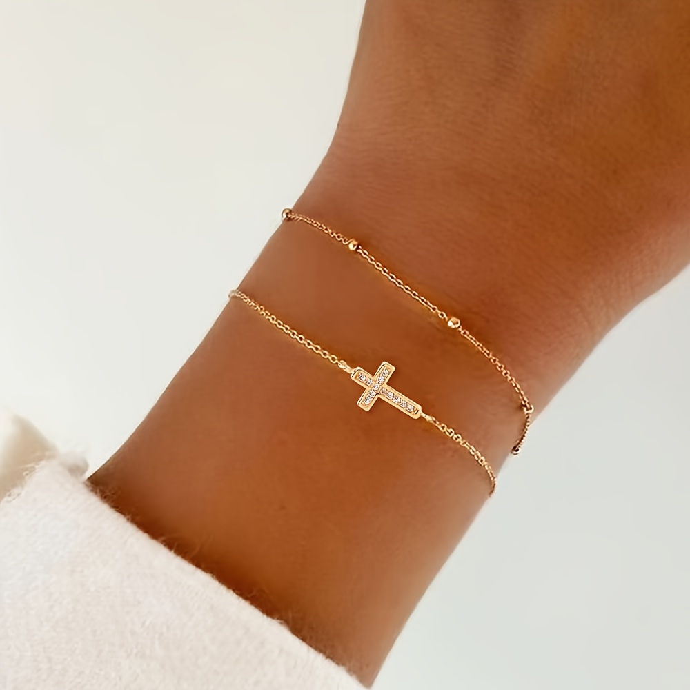 2pcs Simple Matching Clip Chain Bracelet Set With Synthetic Zirconia Cross Pendant, Versatile Women' Accessory