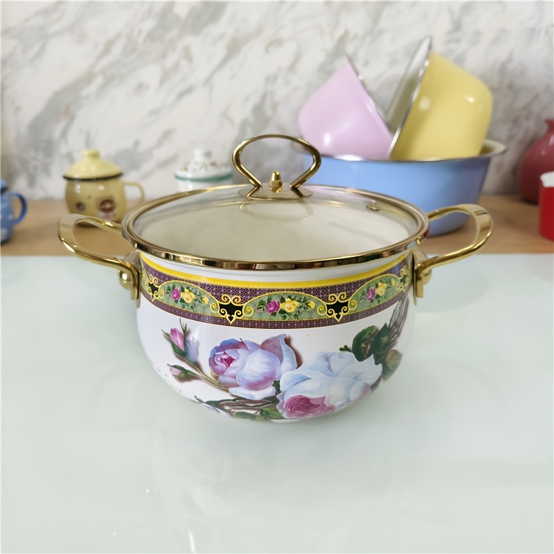 1pc thickened enamel enamel deepened stew pot soup pot electromagnetic stove gas universal high deep visual pot easy to wash stainless steel handle transparent cover details 4