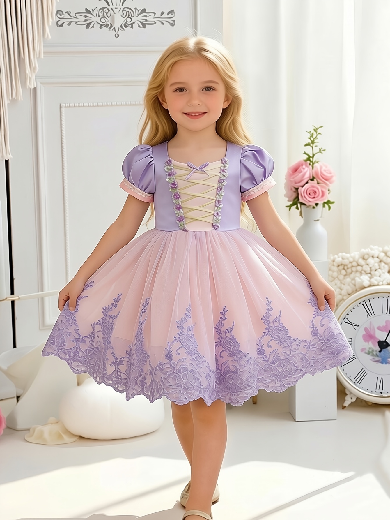 imagen del artículo vestido de princesa con volantes de tul para niña, lindo vestido formal de   con   y tirantes   para   de  