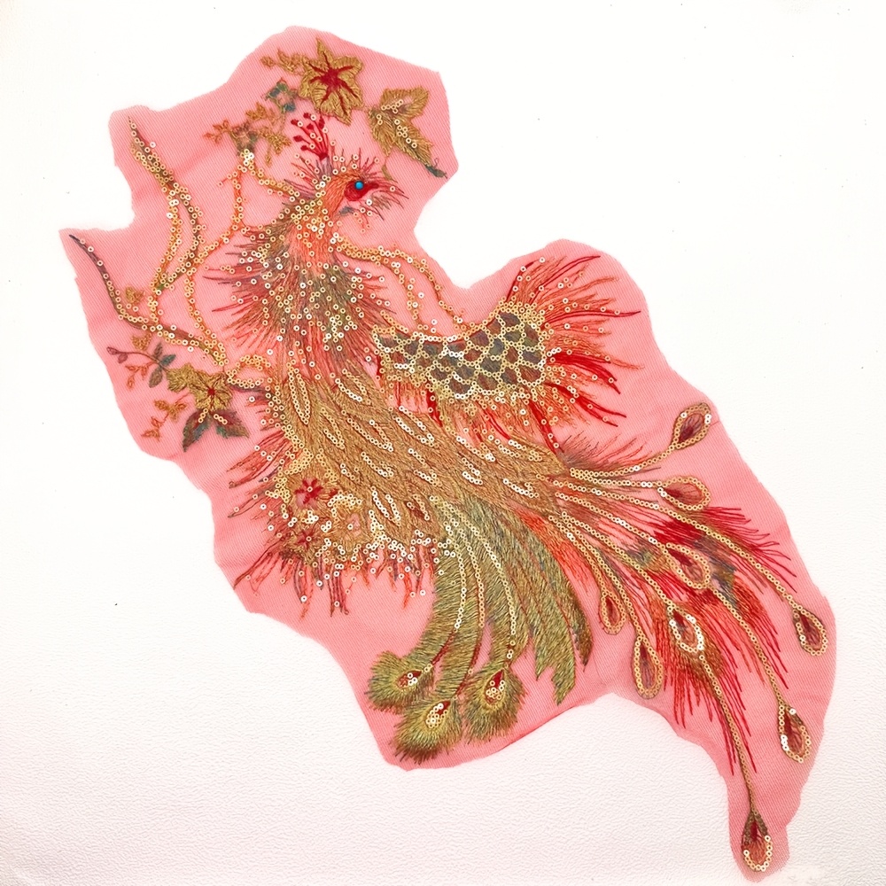 Large Golden Thread Embroidered Phoenix & Peacock Fabric Applique Patch
