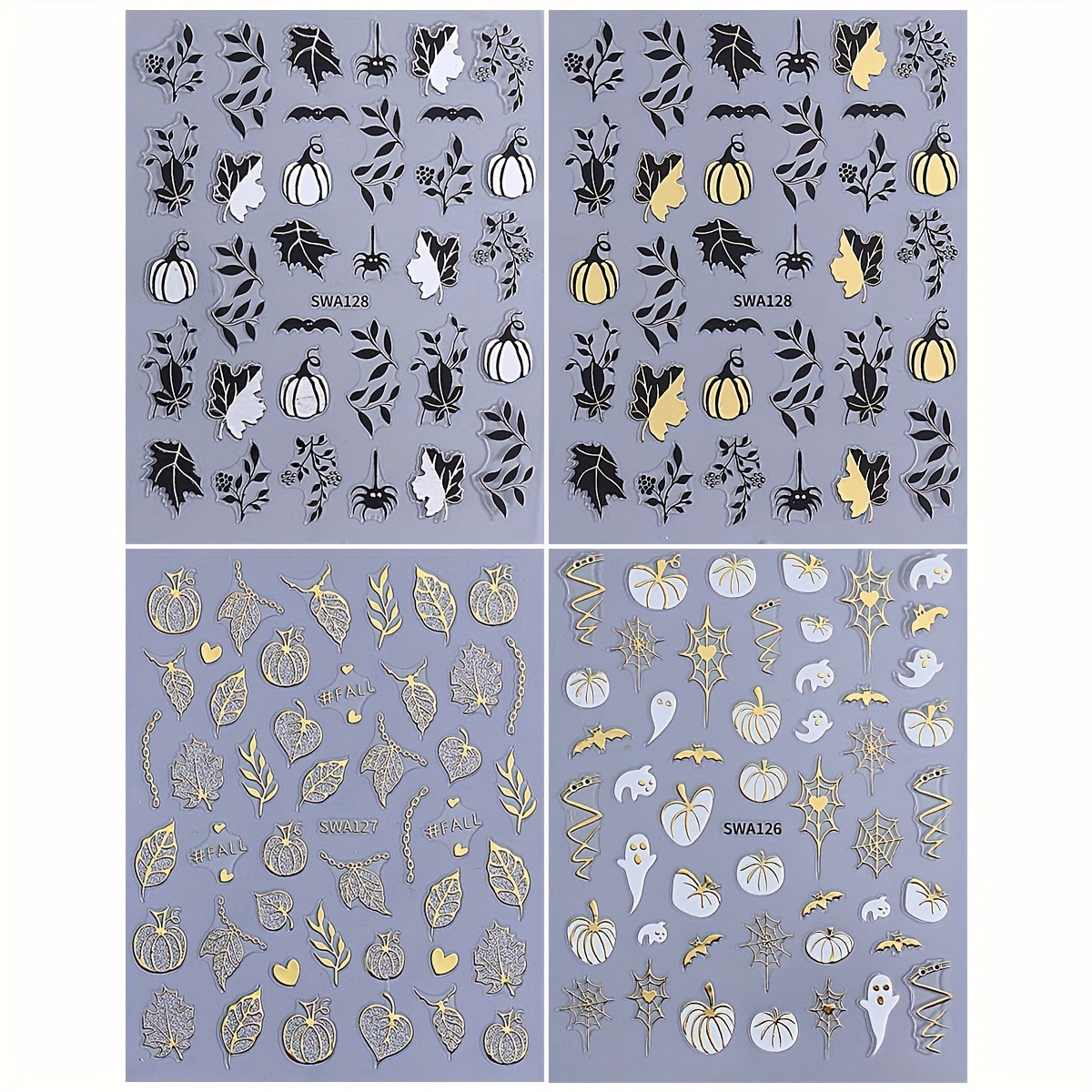 4pcs Pumpkin Halloween Nail Stickers 3d Web Bat Fall Leaf Nail Decal Diy Nail Art Drecoration