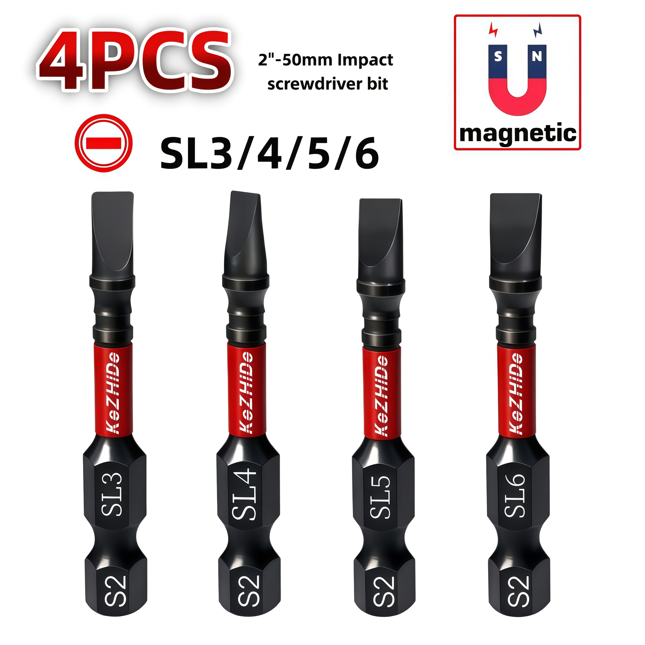 TEMU 4pcs Sl (3-6) Magnetic Screwdriver Bits Set, S2 Steel, 2-inch Length, Slotted And Hex Shank, - Durable And Multifunctional, Impact Driver Bits,