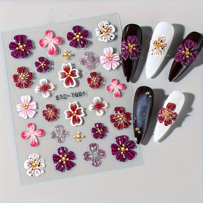 5d Embossed Powdery Purple Hibiscus Floral Nail Stickers