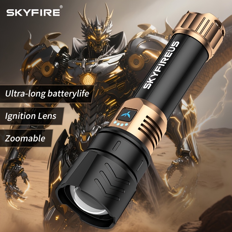TEMU Skyfire Led Flashlight, Rechargeable Flashlight, With Ignition Lens, Adjustable Focus, 4, Suitable For Camping, Outdoor, Farm, Family Use
