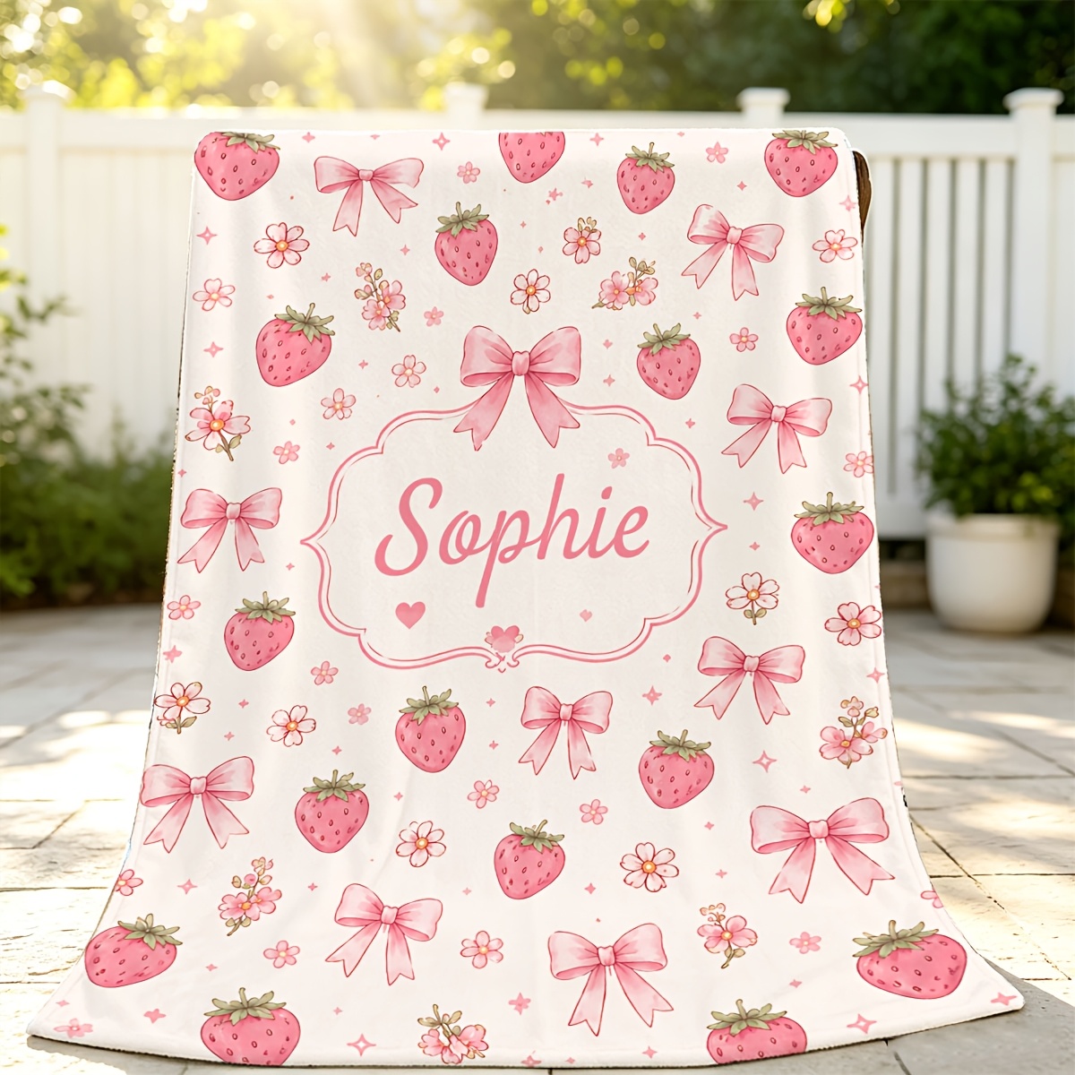 Custom Name Pink Strawberry Floral Pattern Flannel Blanket