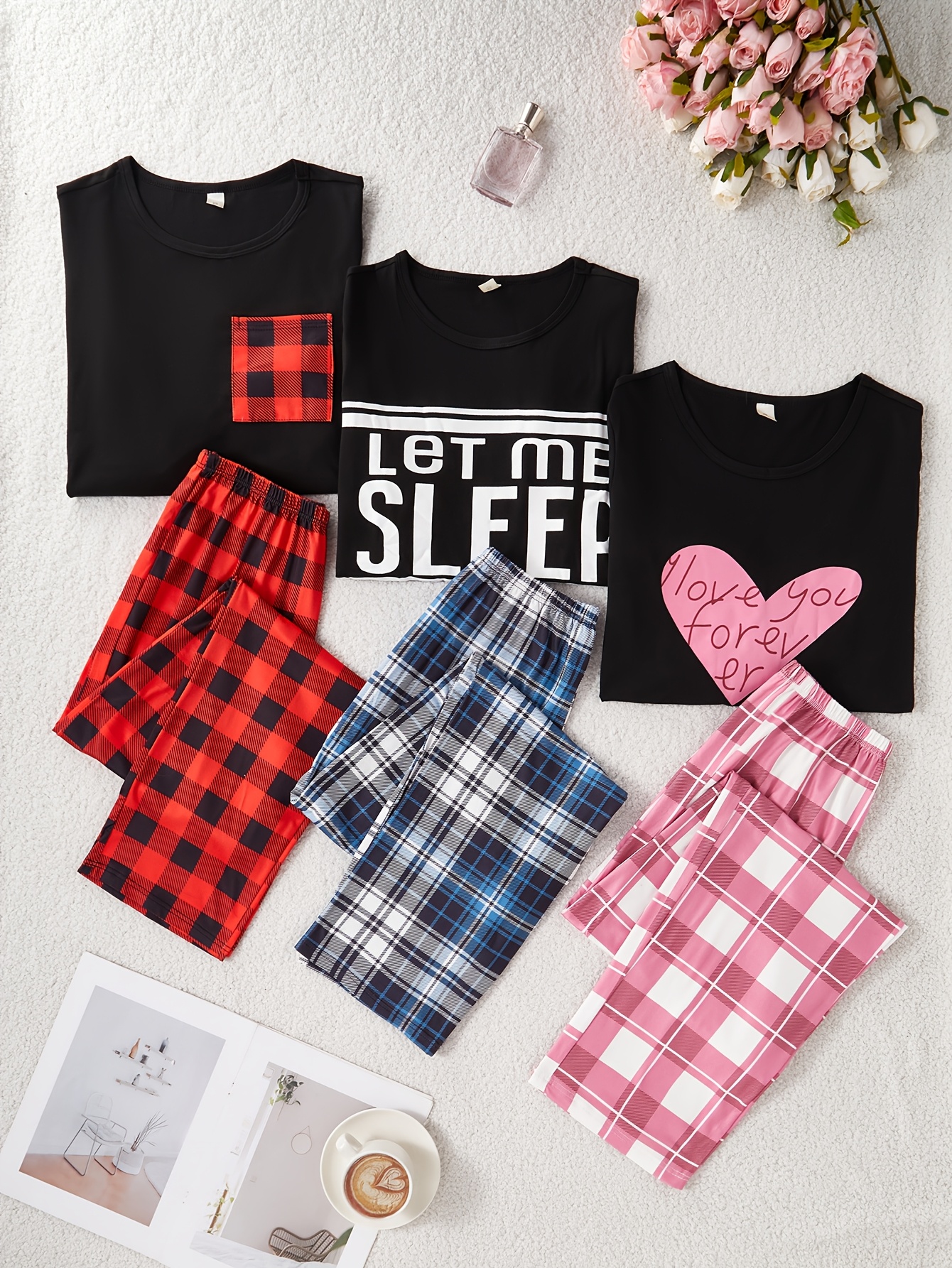 womens   piece casual pajama set with letter print long and short sleeve     pants sleepwear outfit Product details 0