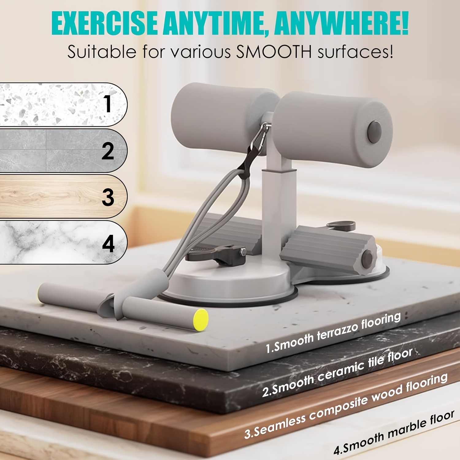 MACYO Unisex Sit-Up Bar Foot Holder, Portable Sit-Up Floor Holder, Sit-Up Exercise Equipment, 3-Level Adjustable, with 2 Strong Suction Cups and Elastic Pull Rope, for ABS Workout Aids, Feet and Legs Strength Training, Suitable for Home or Office Use